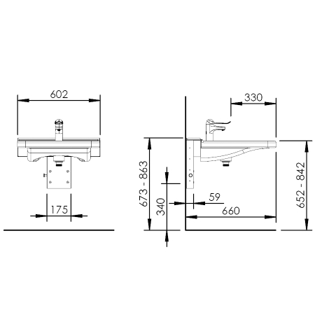Dimensions - Elévateur de lavabo PMR Basicline 406-10: réglage par vérin à gaz