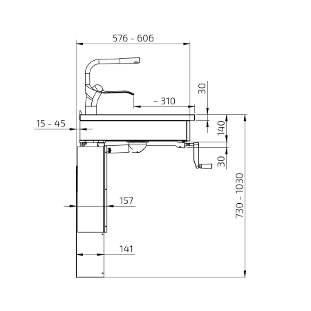 Dimensions - Module Kitchenette PMR à manivelle Granberg 6350-ES11S4